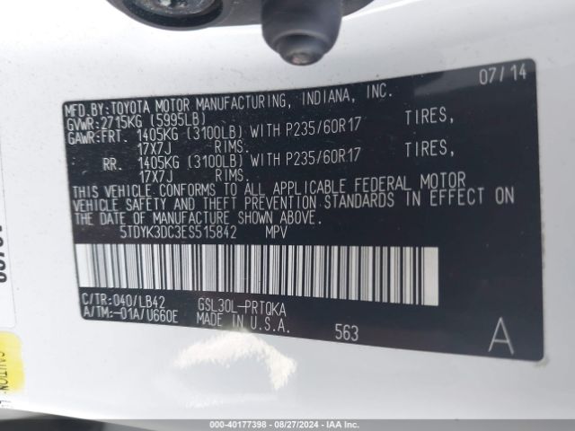 5TDYK3DC3ES515842 Toyota Sienna Xle V6 8 Passenger