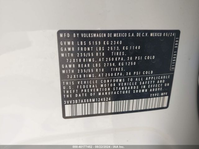 3VV3B7AX6RM124524 Volkswagen Tiguan 2.0t Se