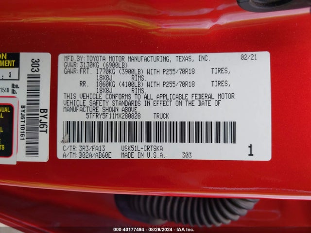 Toyota Tundra Sr 2021 5TFRY5F11MX280828 Image 9