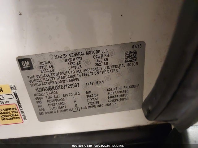 Chevrolet Traverse 1lt 2014 1GNKVGKDXEJ129987 Image 9