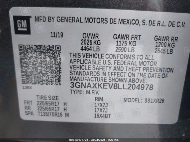 3GNAXKEV8LL204978 Chevrolet Equinox Fwd Lt 1.5l Turbo
