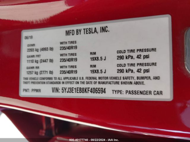 5YJ3E1EB8KF406594 Tesla Model 3 Long Range/performance