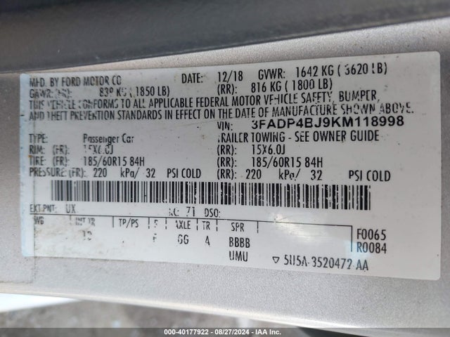 Ford FIESTA SE 2019 3FADP4BJ9KM118998 Image 9