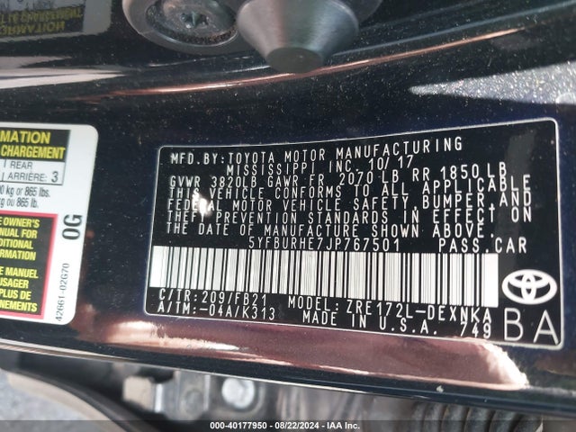 Toyota COROLLA LE 2018 5YFBURHE7JP767501 Image 9