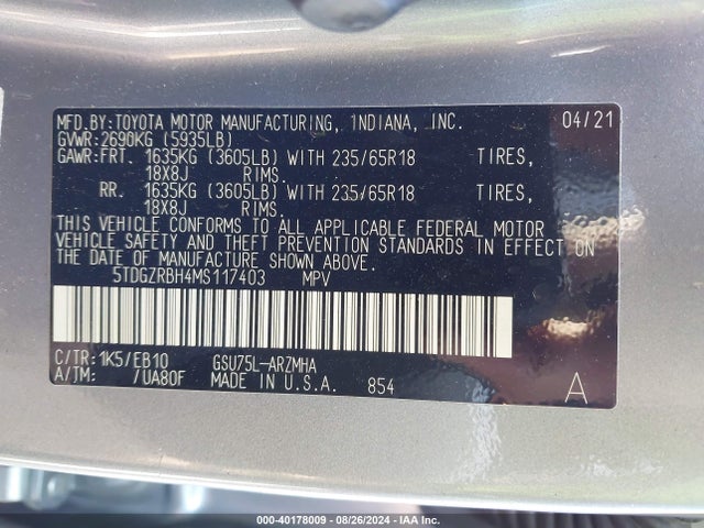 Toyota Highlander Xle 2021 5TDGZRBH4MS117403 Image 9