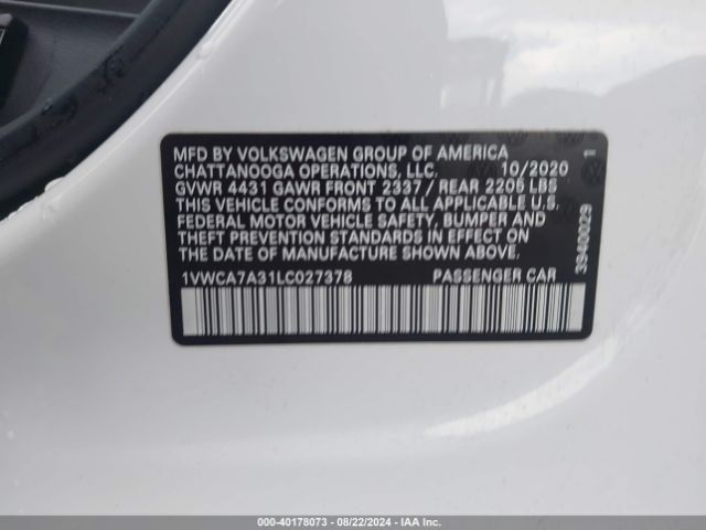 Volkswagen Passat 2.0t Sel 2020 1VWCA7A31LC027378 Image 9