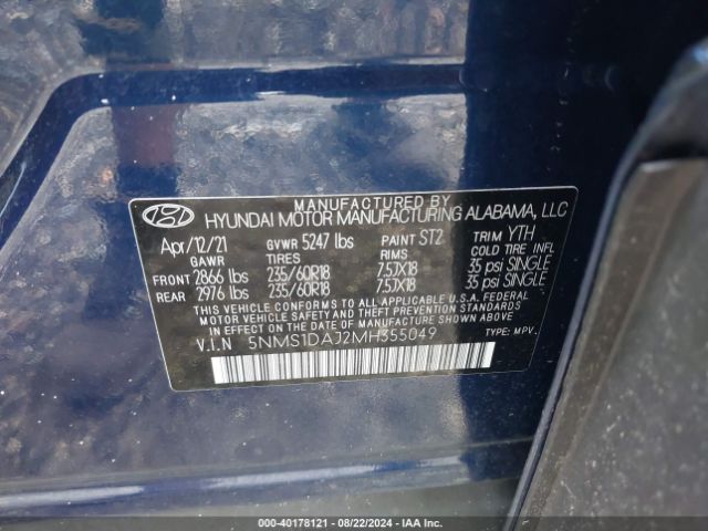 5NMS1DAJ2MH355049 Hyundai Santa Fe Se
