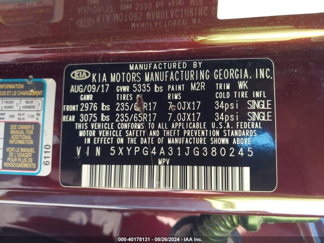 KIA Sorento 2.4l Lx 2018 5XYPG4A31JG380245 Image 9