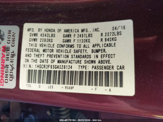 1HGCR3F95GA028134 Honda Accord Touring