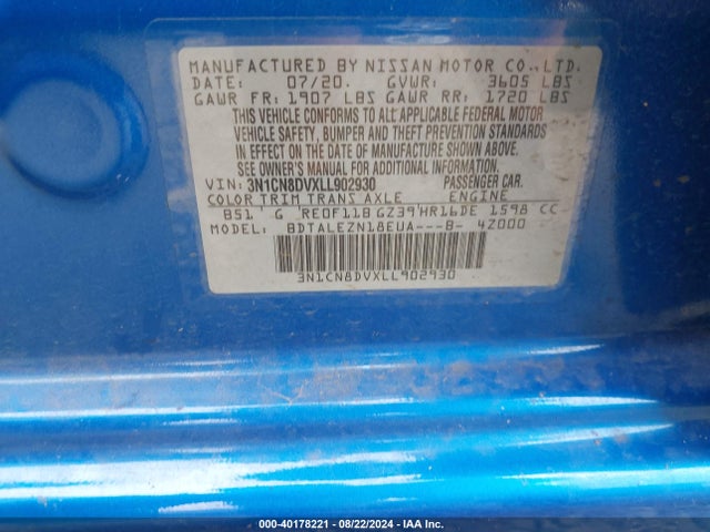Nissan Versa S Xtronic Cvt 2020 3N1CN8DVXLL902930 Image 9