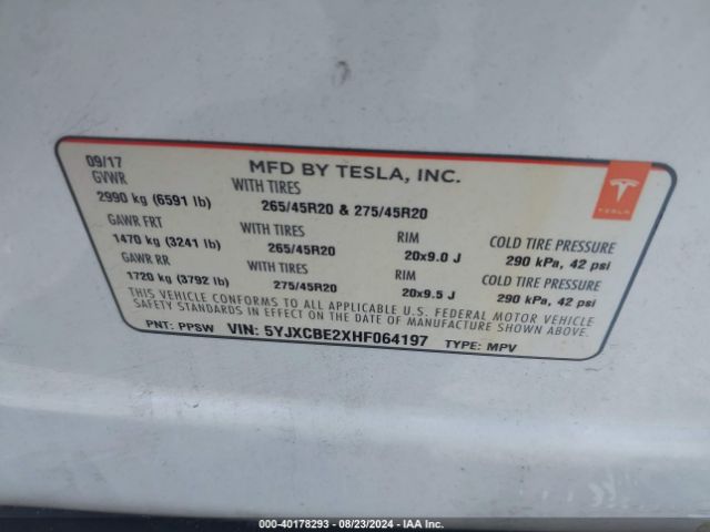 5YJXCBE2XHF064197 Tesla Model X 100d/75d/90d