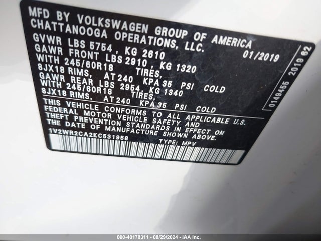 1V2WR2CA2KC531958 Volkswagen Atlas 3.6l V6 Se W/technology