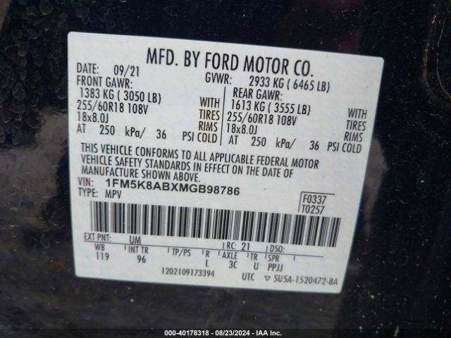 1FM5K8ABXMGB98786 Ford Police Interceptor Utility