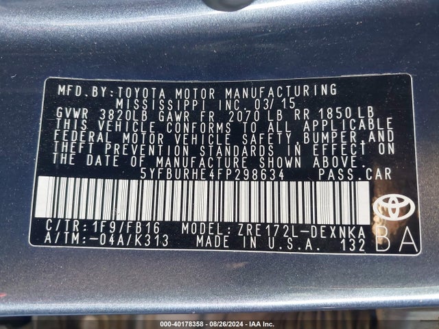 Toyota Corolla Le Plus 2015 5YFBURHE4FP298634 Image 9