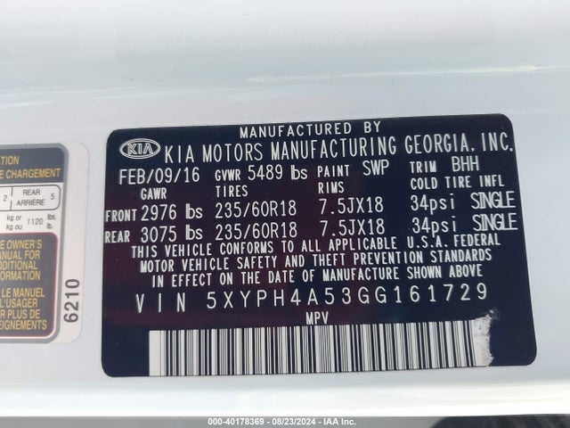KIA Sorento 3.3l Ex 2016 5XYPH4A53GG161729 Image 9