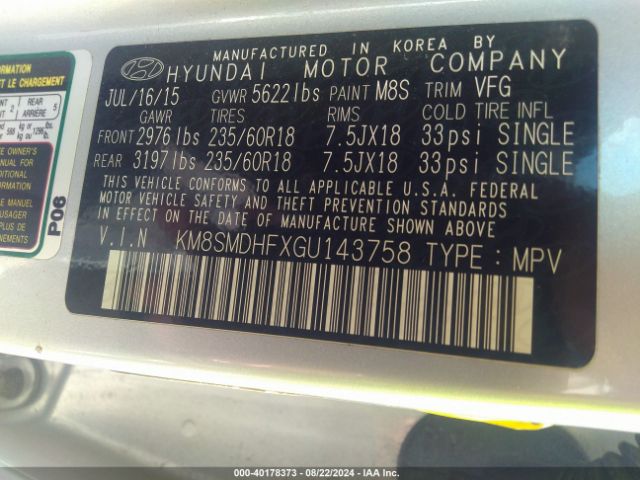 KM8SMDHFXGU143758 Hyundai Santa Fe Se