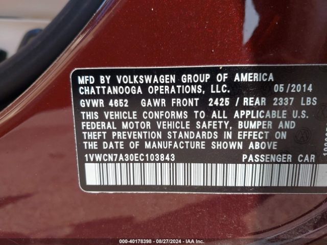 1VWCN7A30EC103843 Volkswagen Passat 2.0l Tdi Sel Premium