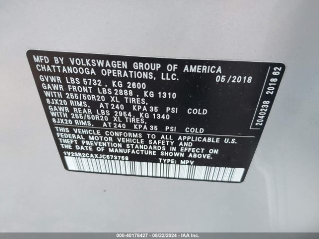 1V2SR2CAXJC573758 Volkswagen Atlas 3.6l V6 Sel