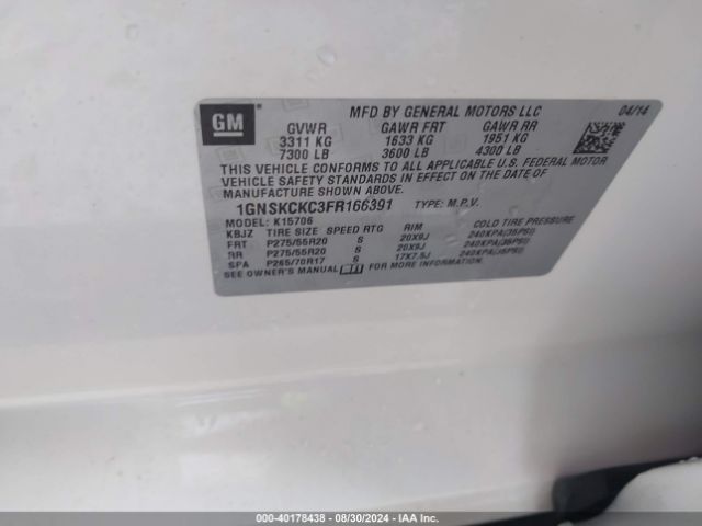 1GNSKCKC3FR166391 Chevrolet Tahoe Ltz