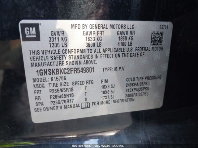1GNSKBKC2FR549801 Chevrolet Tahoe Lt