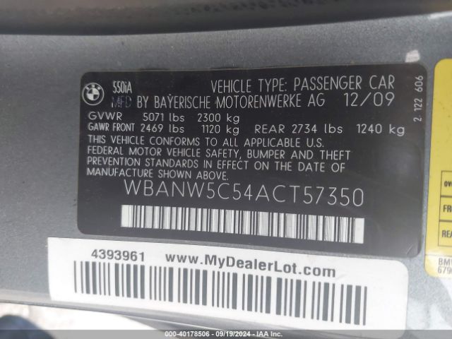 2010 BMW 550I WBANW5C54ACT57350 Photo 8