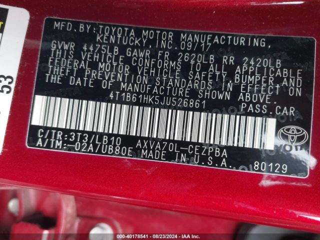 4T1B61HK5JU526861 Toyota CAMRY XSE