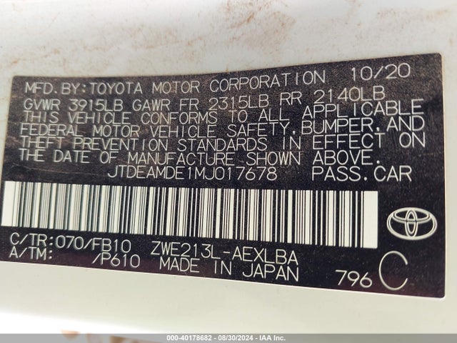 Toyota Corolla Hybrid Le 2021 JTDEAMDE1MJ017678 Image 9