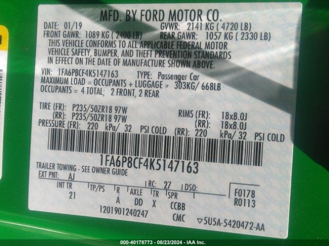 1FA6P8CF4K5147163 Ford MUSTANG GT
