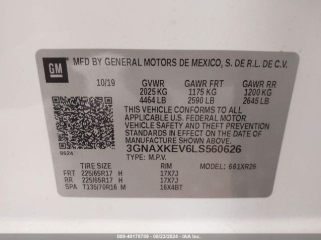 3GNAXKEV6LS560626 Chevrolet Equinox Fwd Lt 1.5l Turbo