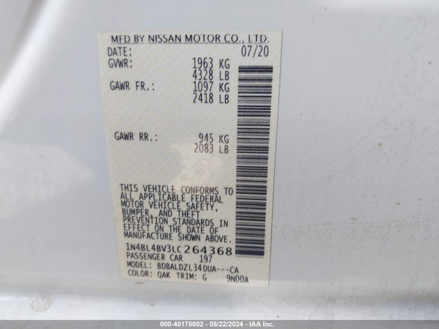 Nissan Altima S Fwd 2020 1N4BL4BV3LC264368 Image 9