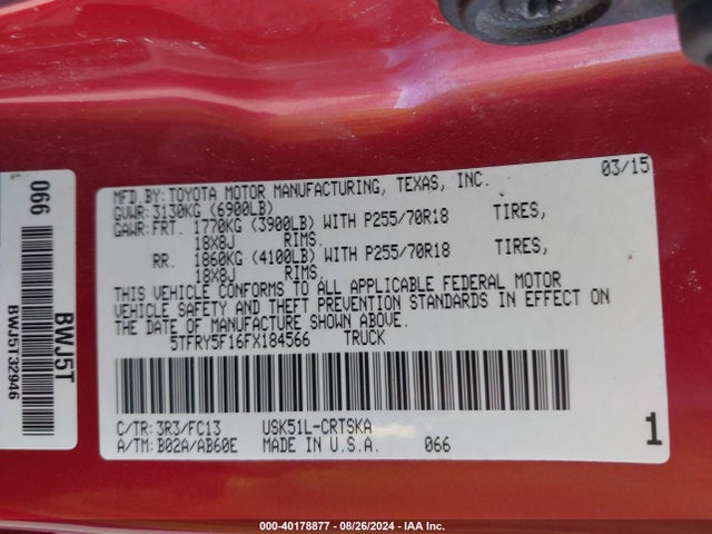 5TFRY5F16FX184566 Toyota Tundra Sr5 5.7l V8