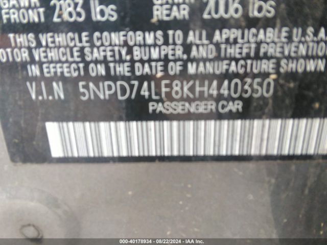 5NPD74LF8KH440350 Hyundai ELANTRA SE