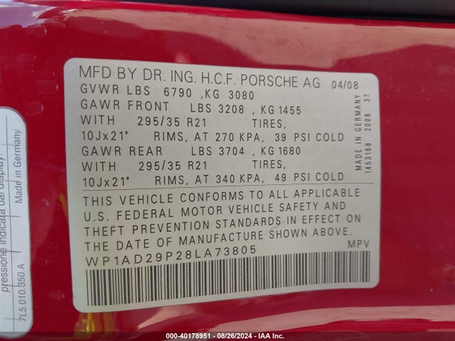 2008 PORSCHE CAYENNE WP1AD29P28LA73805 Photo 8