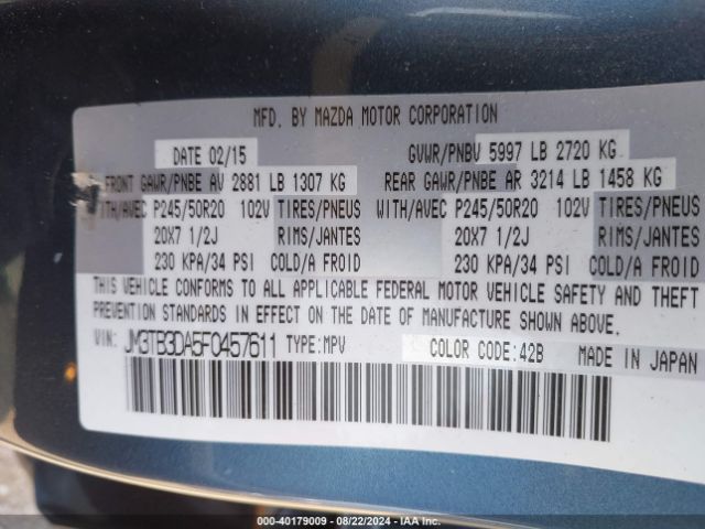JM3TB3DA5F0457611 Mazda Cx-9 Grand Touring