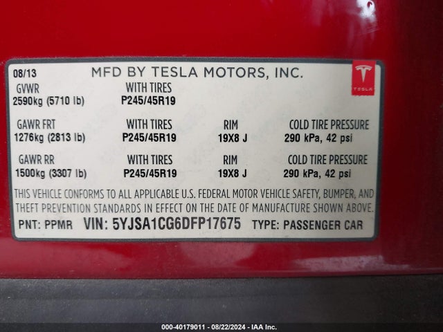 2013 TESLA MODEL S 5YJSA1CG6DFP17675 Photo 8