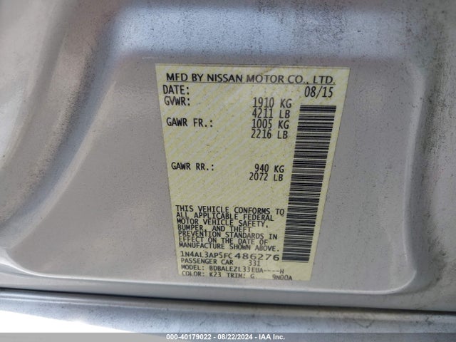 Nissan Altima 2.5 S 2015 1N4AL3AP5FC486276 Image 9