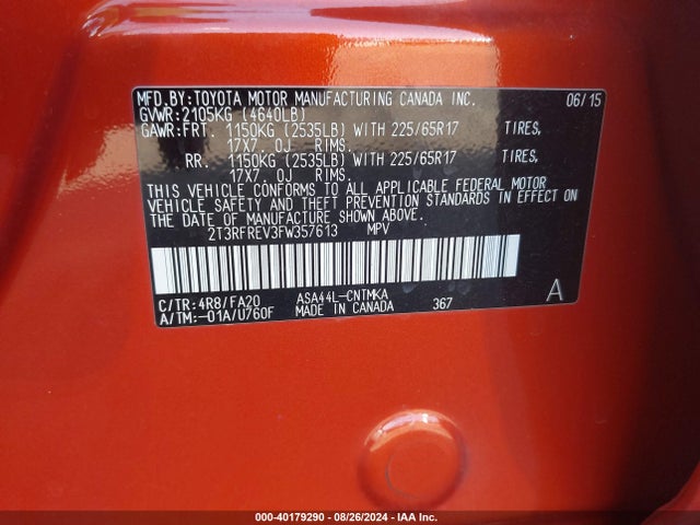 Toyota Rav4 Xle 2015 2T3RFREV3FW357613 Image 9