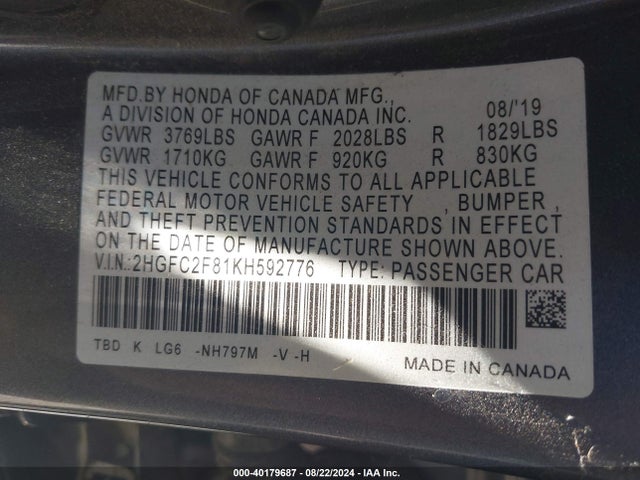 Honda Civic Sport 2019 2HGFC2F81KH592776 Image 9
