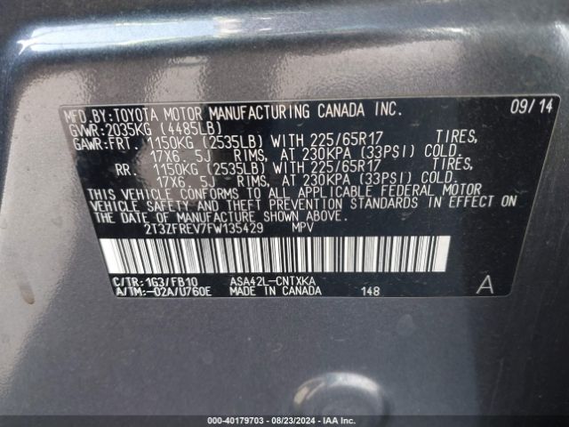 2T3ZFREV7FW135429 Toyota RAV4 LE