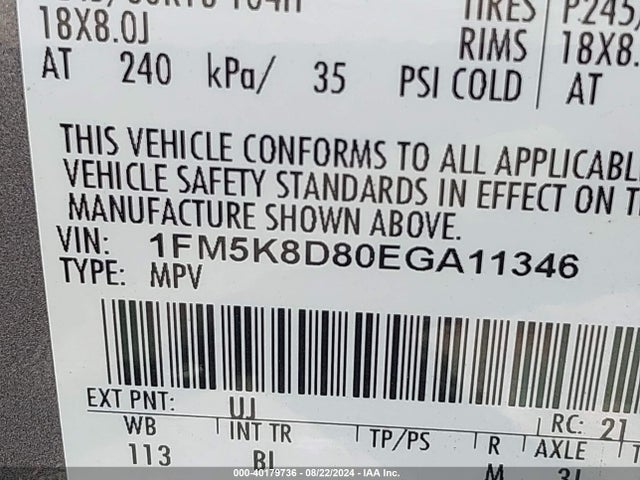 Ford EXPLORER XLT 2014 1FM5K8D80EGA11346 Image 9
