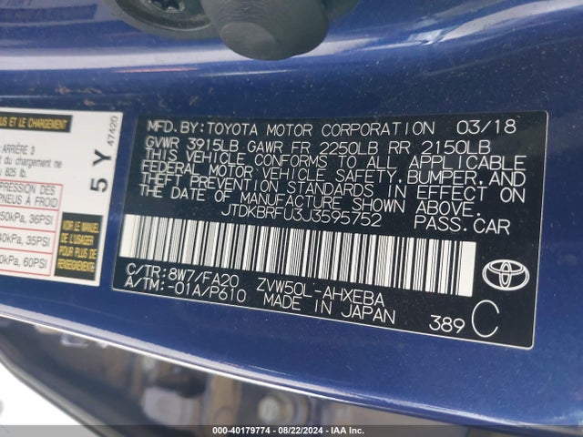 Toyota Prius Two 2018 JTDKBRFU3J3595752 Image 9