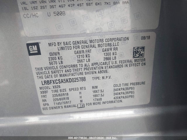 LRBFXCSA5KD025788 Buick Envision Fwd Essence