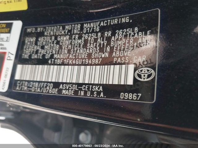 Toyota CAMRY SE 2016 4T1BF1FK4GU194987 Image 9