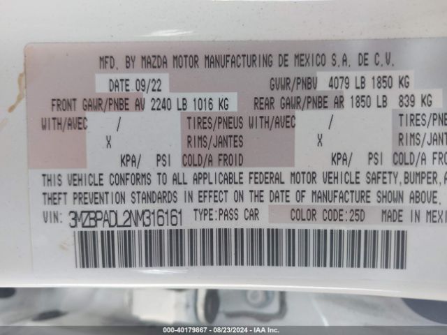 3MZBPADL2NM316161 Mazda Mazda3 Premium