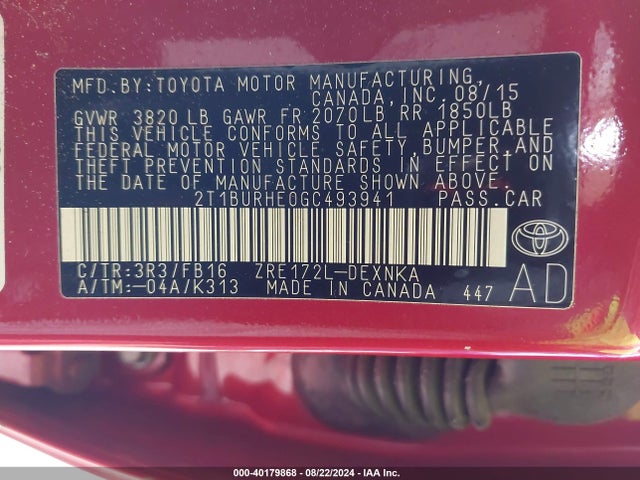 Toyota COROLLA LE 2016 2T1BURHE0GC493941 Image 9