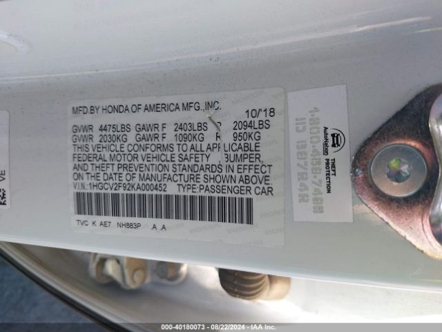 1HGCV2F92KA000452 Honda Accord Touring 2.0t