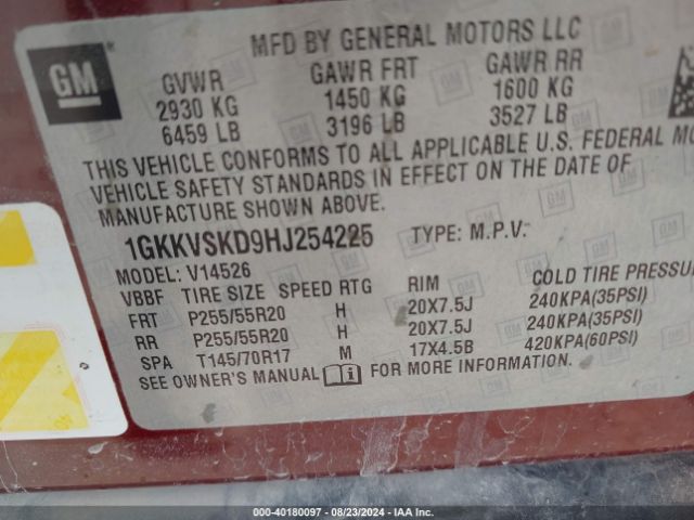 1GKKVSKD9HJ254225 GMC Acadia Limited