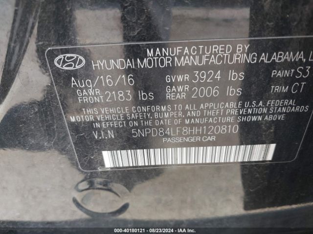 5NPD84LF8HH120810 Hyundai Elantra Limited