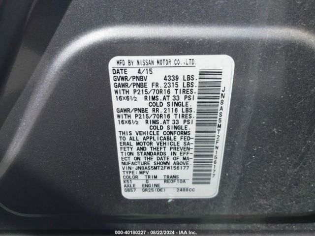JN8AS5MT2FW156177 Nissan Rogue Select S