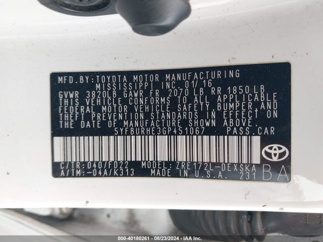 Toyota Corolla S Plus 2016 5YFBURHE3GP451067 Image 9